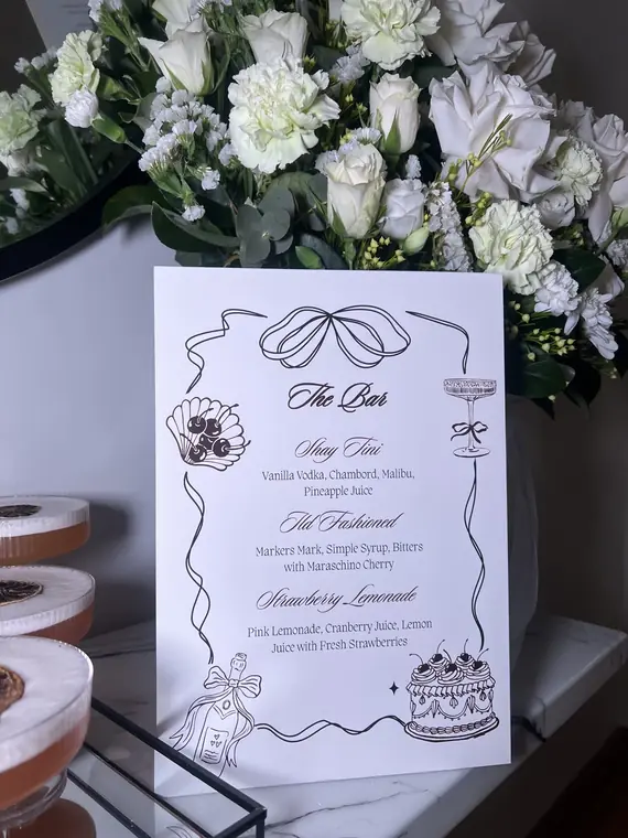 Illustrated bar menu card with floral border