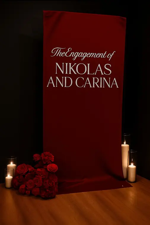The Engagement of Nikolas and Carina banner with roses and candles